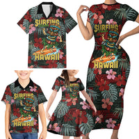Hawaii Tiki Surfing Family Matching Short Sleeve Bodycon Dress and Hawaiian Shirt Mele Kalikimaka i Iulai!
