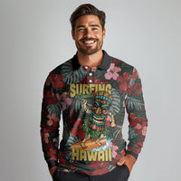 Hawaii Tiki Surfing Long Sleeve Polo Shirt Mele Kalikimaka i Iulai!