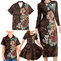 Kanoa Hawai'i Hibiscus Family Matching Long Sleeve Bodycon Dress and Hawaiian Shirt Polynesian Tribal Tattoo Pattern Floral Elements
