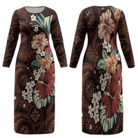 Kanoa Hawai'i Hibiscus Family Matching Long Sleeve Bodycon Dress and Hawaiian Shirt Polynesian Tribal Tattoo Pattern Floral Elements