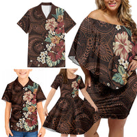 Kanoa Hawai'i Hibiscus Family Matching Off Shoulder Short Dress and Hawaiian Shirt Polynesian Tribal Tattoo Pattern Floral Elements
