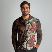 Kanoa Hawai'i Hibiscus Long Sleeve Polo Shirt Polynesian Tribal Tattoo Pattern Floral Elements