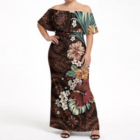 Kanoa Hawai'i Hibiscus Off Shoulder Maxi Dress Polynesian Tribal Tattoo Pattern Floral Elements