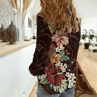 Kanoa Hawai'i Hibiscus Women Casual Shirt Polynesian Tribal Tattoo Pattern Floral Elements