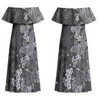 Pauli Hawai'i Hibiscus Couples Matching Off Shoulder Maxi Dress and Long Sleeve Button Shirt Polynesian Tribal Tattoo Pattern Floral Elements