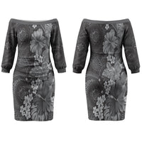 Pauli Hawai'i Hibiscus Couples Matching Off The Shoulder Long Sleeve Dress and Long Sleeve Button Shirt Polynesian Tribal Tattoo Pattern Floral Elements
