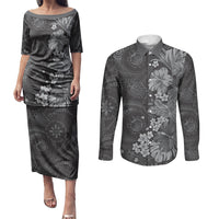 Pauli Hawai'i Hibiscus Couples Matching Puletasi and Long Sleeve Button Shirt Polynesian Tribal Tattoo Pattern Floral Elements