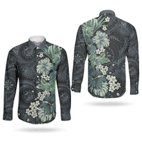 Pauliuli Hawai'i Hibiscus Couples Matching Long Sleeve Bodycon Dress and Long Sleeve Button Shirt Polynesian Tribal Tattoo Pattern Floral Elements