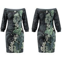 Pauliuli Hawai'i Hibiscus Couples Matching Off The Shoulder Long Sleeve Dress and Hawaiian Shirt Polynesian Tribal Tattoo Pattern Floral Elements