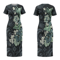 Pauliuli Hawai'i Hibiscus Couples Matching Short Sleeve Bodycon Dress and Long Sleeve Button Shirt Polynesian Tribal Tattoo Pattern Floral Elements