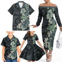 Pauliuli Hawai'i Hibiscus Family Matching Off The Shoulder Long Sleeve Dress and Hawaiian Shirt Polynesian Tribal Tattoo Pattern Floral Elements