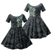 Pauliuli Hawai'i Hibiscus Family Matching Off The Shoulder Long Sleeve Dress and Hawaiian Shirt Polynesian Tribal Tattoo Pattern Floral Elements