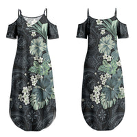 Pauliuli Hawai'i Hibiscus Family Matching Summer Maxi Dress and Hawaiian Shirt Polynesian Tribal Tattoo Pattern Floral Elements