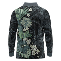Pauliuli Hawai'i Hibiscus Long Sleeve Polo Shirt Polynesian Tribal Tattoo Pattern Floral Elements