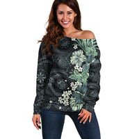 Pauliuli Hawai'i Hibiscus Off Shoulder Sweater Polynesian Tribal Tattoo Pattern Floral Elements