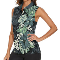Pauliuli Hawai'i Hibiscus Women Sleeveless Polo Shirt Polynesian Tribal Tattoo Pattern Floral Elements