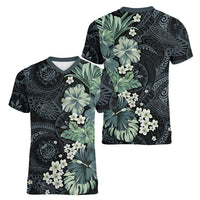Pauliuli Hawai'i Hibiscus Women V-Neck T-Shirt Polynesian Tribal Tattoo Pattern Floral Elements