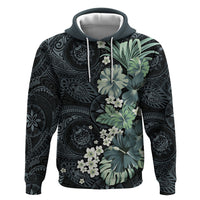 Pauliuli Hawai'i Hibiscus Zip Hoodie Polynesian Tribal Tattoo Pattern Floral Elements