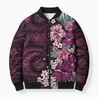 Poni Mama Hawai'i Hibiscus Bomber Puffer Jacket Polynesian Tribal Tattoo Pattern Floral Elements