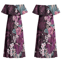 Poni Mama Hawai'i Hibiscus Couples Matching Off Shoulder Maxi Dress and Long Sleeve Button Shirt Polynesian Tribal Tattoo Pattern Floral Elements