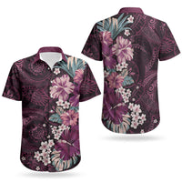 Poni Mama Hawai'i Hibiscus Couples Matching Off Shoulder Short Dress and Hawaiian Shirt Polynesian Tribal Tattoo Pattern Floral Elements