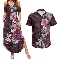 Poni Mama Hawai'i Hibiscus Couples Matching Summer Maxi Dress and Hawaiian Shirt Polynesian Tribal Tattoo Pattern Floral Elements
