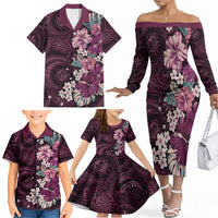 Poni Mama Hawai'i Hibiscus Family Matching Off The Shoulder Long Sleeve Dress and Hawaiian Shirt Polynesian Tribal Tattoo Pattern Floral Elements