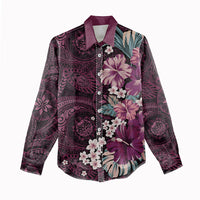 Poni Mama Hawai'i Hibiscus Women Casual Shirt Polynesian Tribal Tattoo Pattern Floral Elements