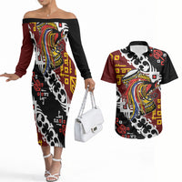 Personalised Papua New Guinea Bird Drum Couples Matching Off The Shoulder Long Sleeve Dress and Hawaiian Shirt Papuan Batik Motif