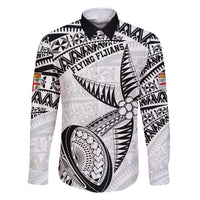 Custom Fiji Rugby Pacific Family Matching Off Shoulder Maxi Dress and Hawaiian Shirt Polynesian Palm Tattoo LT9 Dad's Shirt - Long Sleeve White - Polynesian Pride