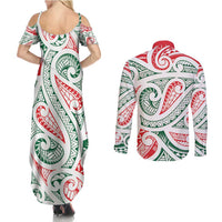 New Zealand Kowhaiwhai Christmas Couples Matching Summer Maxi Dress and Long Sleeve Button Shirt Traditional Maori Koru Pattern - Polynesian Pride