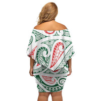 New Zealand Kowhaiwhai Christmas Off Shoulder Short Dress Traditional Maori Koru Pattern - Polynesian Pride