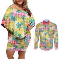 Hawaiian Palaka Couples Matching Off Shoulder Short Dress and Long Sleeve Button Shirt Hibiscus Palm Leaf Pattern - Polynesian Pride