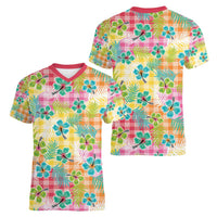 Hawaiian Palaka Women V-Neck T-Shirt Hibiscus Palm Leaf Pattern LT9 - Polynesian Pride
