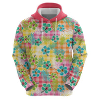 Hawaiian Palaka Zip Hoodie Hibiscus Palm Leaf Pattern - Polynesian Pride