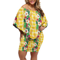 Hawaiian Palaka Family Matching Off Shoulder Short Dress and Hawaiian Shirt Hibiscus Pineapple Lei - Polynesian Pride