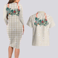 Brown Hawaiian Palaka Couples Matching Long Sleeve Bodycon Dress and Hawaiian Shirt Kukui Nut Money Lei - Polynesian Pride