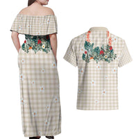 Brown Hawaiian Palaka Couples Matching Off Shoulder Maxi Dress and Hawaiian Shirt Kukui Nut Money Lei - Polynesian Pride