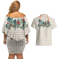 Brown Hawaiian Palaka Couples Matching Off Shoulder Short Dress and Hawaiian Shirt Kukui Nut Money Lei - Polynesian Pride