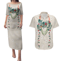 Brown Hawaiian Palaka Couples Matching Puletasi and Hawaiian Shirt Kukui Nut Money Lei - Polynesian Pride