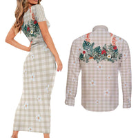 Brown Hawaiian Palaka Couples Matching Short Sleeve Bodycon Dress and Long Sleeve Button Shirt Kukui Nut Money Lei - Polynesian Pride