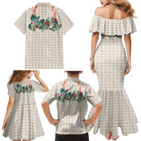 Brown Hawaiian Palaka Family Matching Mermaid Dress and Hawaiian Shirt Kukui Nut Money Lei - Polynesian Pride