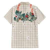 Brown Hawaiian Palaka Family Matching Off The Shoulder Long Sleeve Dress and Hawaiian Shirt Kukui Nut Money Lei - Polynesian Pride