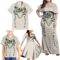 Brown Hawaiian Palaka Family Matching Off Shoulder Maxi Dress and Hawaiian Shirt Kukui Nut Money Lei - Polynesian Pride