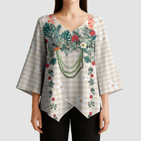 Brown Hawaiian Palaka Kimono Sleeve Blouse Kukui Nut Money Lei - Polynesian Pride