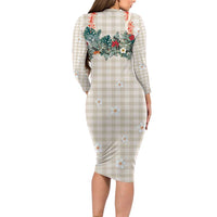 Brown Hawaiian Palaka Long Sleeve Bodycon Dress Kukui Nut Money Lei - Polynesian Pride