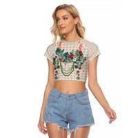 Brown Hawaiian Palaka Raglan Cropped T Shirt Kukui Nut Money Lei - Polynesian Pride