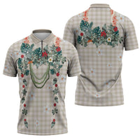 Brown Hawaiian Palaka Zipper Polo Shirt Kukui Nut Money Lei - Polynesian Pride