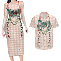 Peach Hawaiian Palaka Couples Matching Long Sleeve Bodycon Dress and Hawaiian Shirt Kukui Nut Money Lei - Polynesian Pride