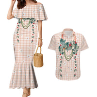 Peach Hawaiian Palaka Couples Matching Mermaid Dress and Hawaiian Shirt Kukui Nut Money Lei - Polynesian Pride